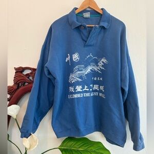 Vintage Newport Blue I Climbed the Great Wall Graphic Pullover Collar Sweatshirt